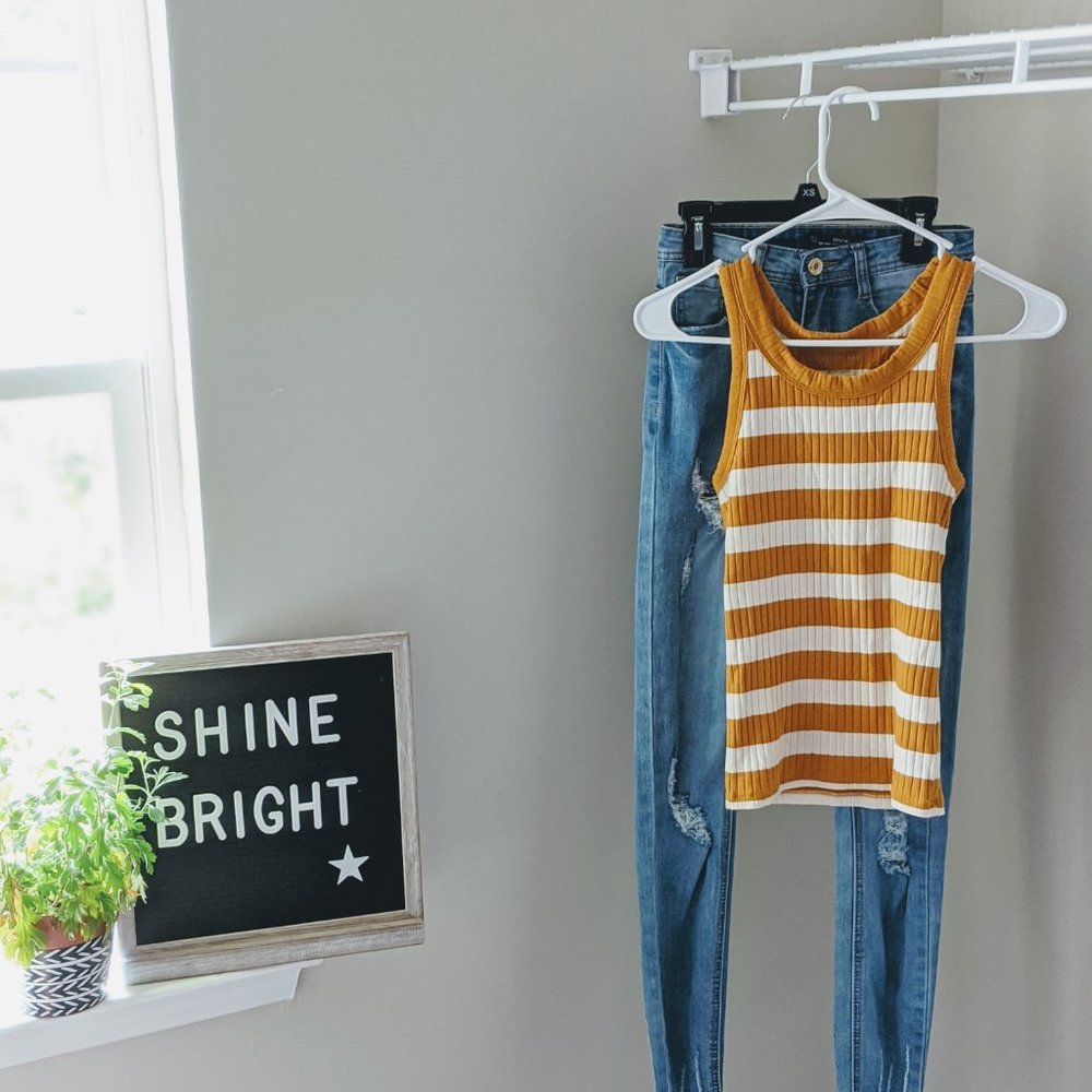 American Eagle Mustard White Striped Tank Top - XS